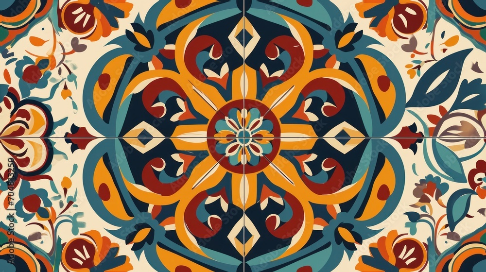 Poster a close up of a tiled floor with a flower design on the bottom of the floor and a flower design on t