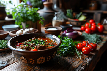 Georgian soup kharcho - a traditional first course of beef and vegetables, a spicy aromatic dish of traditional cuisine, gastronomic tourism and travel to popular places, menu idea