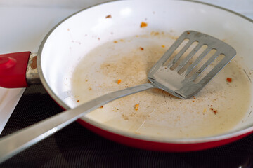 dirty greasy frying pan with burnt food residue