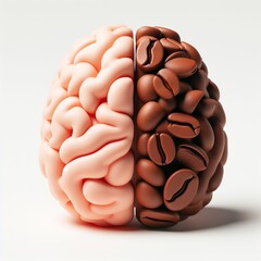 Create a 3D plastic model of a brain and coffee, the other half being a computer. The concept of coffee and brain function - obrazy, fototapety, plakaty