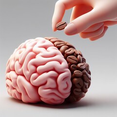 Create a 3D plastic model of a brain and coffee, the other half being a computer. The concept of coffee and brain function