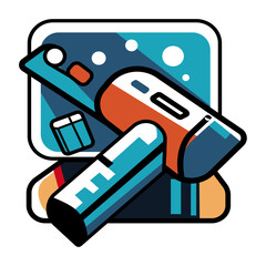 Modern icon of a product scan tool connected to a computer with unique colors and shapes. 