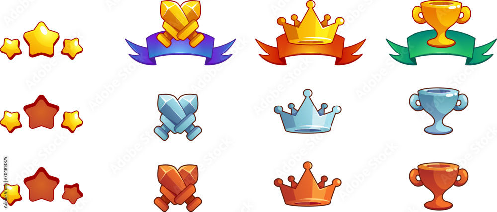 Poster emblems and rewards for three different levels of completion of game task or for level rank progress