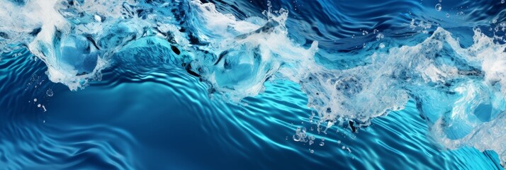 In a close-up view, clear blue water exhibits dynamic movement, capturing the fluid energy and vibrancy of the aquatic environment. - obrazy, fototapety, plakaty