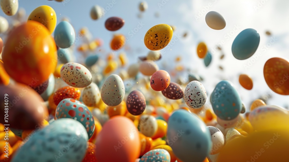 Poster a bunch of eggs flying in the air with a lot of them in front of a sky filled with clouds.