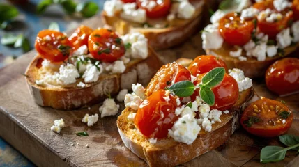 Foto op Plexiglas  a wooden cutting board topped with slices of bread covered in cheese and tomato slices and garnished with basil. © Olga