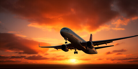 Fototapeta na wymiar airplane in the sky,Commercial Airplane,Plane taking off and landing at sunset with cloudy sky ,Airplane in the sky over the airport at sunset Travel concept,A plane is taking off from a runway at sun
