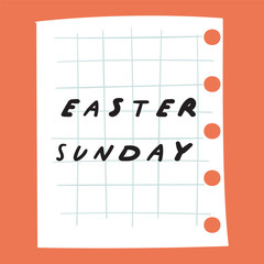 Easter Sunday. Paper note on orange background. Handwriting phrase. Vector illustration.