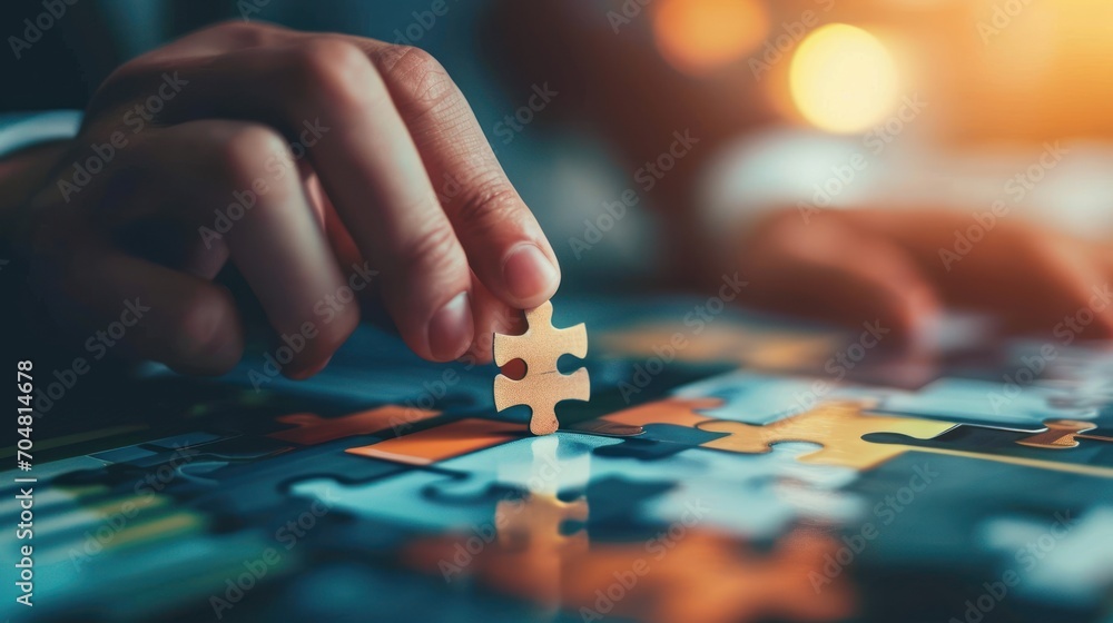 Poster a person placing a piece of a puzzle into a jigsaw puzzle on top of a table with blurry lights in th