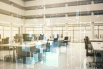 Multi exposure of abstract statistics data hologram interface on a modern furnished office interior background, computing and analytics concept