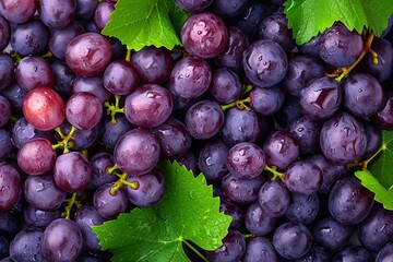 Close up of fresh grapes with water drops, top view