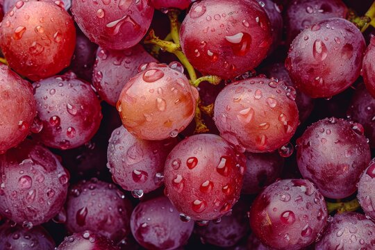 Close up of fresh grapes with water drops, top view
