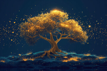 golden life tree made  flat illustration, 3d