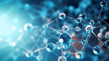 Close up blue molecule atoms structures on blue liquid serum background. Science Molecular water...