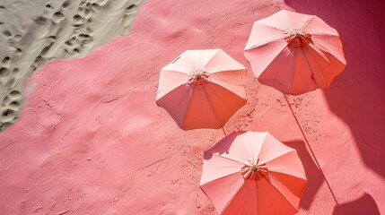  three red and white umbrellas on a pink and white wall and a black and white cat on the ground.