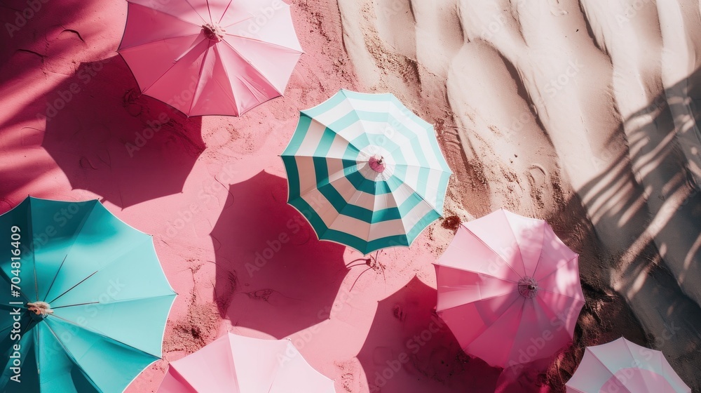 Poster a group of colorful umbrellas laying on the ground next to a wall with a shadow of a palm tree on it