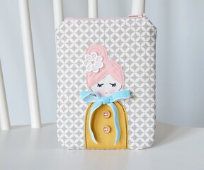 Lovely handmade zipper pouch with cute doll applique 