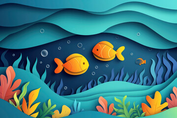 Fishes layered shape wavy ocean underwater background in paper cut style