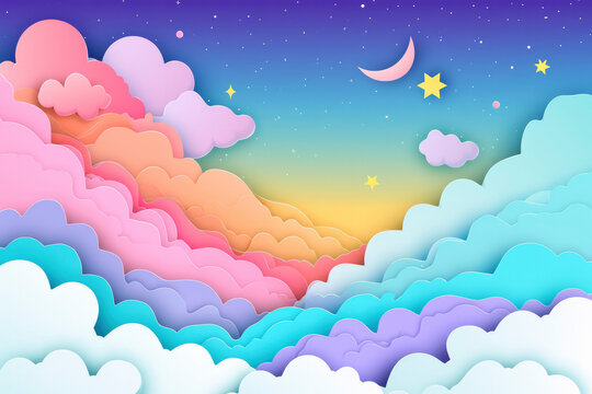 Fantasy Pastel Colorful Sky with Clouds and Stars Background in a paper cut and paste style