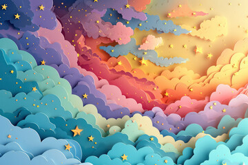 Kawaii Fantasy Pastel Colorful Sky with Clouds and Stars Background in a paper cut