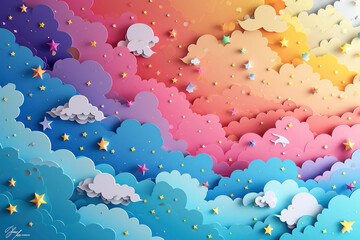 Kawaii Fantasy Pastel Colorful Sky with Clouds and Stars Background in a paper cut