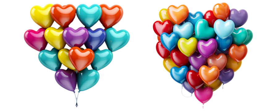 Set of multicolored heart shaped balloons isolated on transparent background. Group of floating balloons on a string. Generative AI