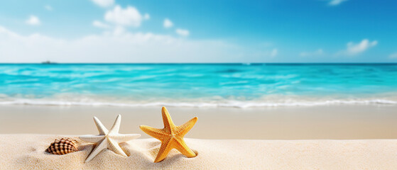 Fototapeta na wymiar Art summer holiday on tropical sea sandy beach background , with empty copy space