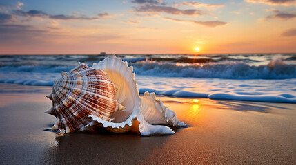 A seashell washed up by the ocean waves - obrazy, fototapety, plakaty