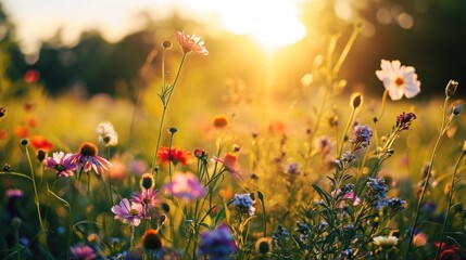  a field of wildflowers with the sun shining through the trees in the backgrounnd of the field.