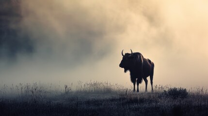  a bull standing in the middle of a field on a foggy day with the sun shining through the clouds.