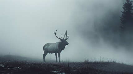  a large elk standing on top of a grass covered field next to a forest in the middle of a foggy day.