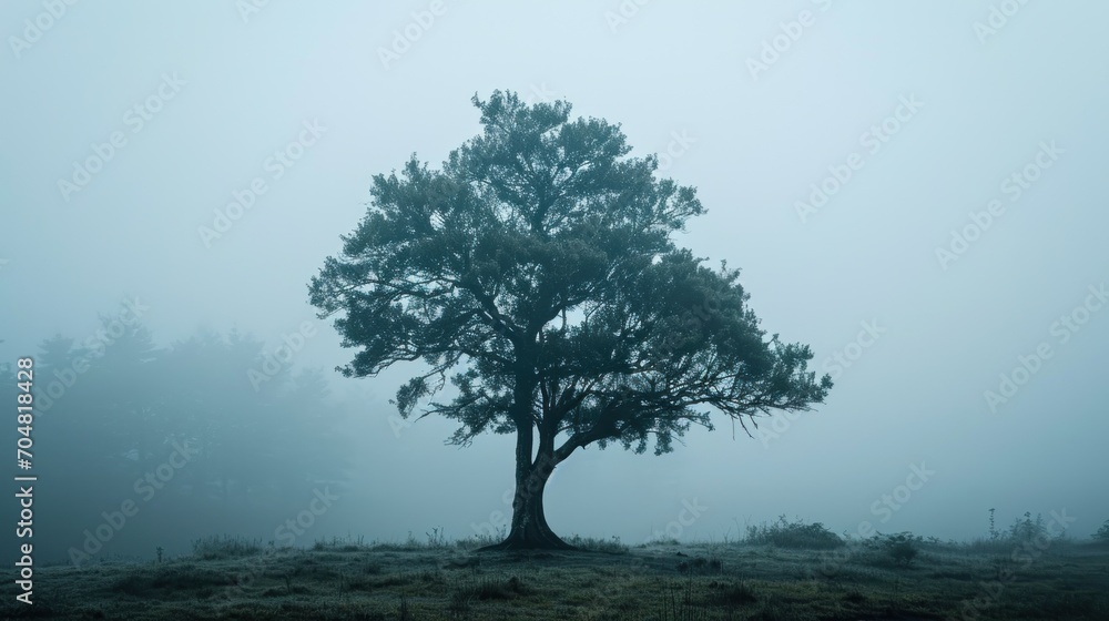 Poster a lone tree in the middle of a foggy field on a foggy day in the middle of the woods.