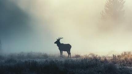  a deer standing in the middle of a field in the middle of a foggy day with trees in the background.