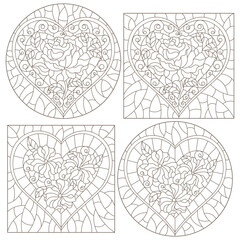Set of contour illustrations of stained glass Windows with abstract hearts and colors , dark contours on white background