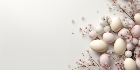 Easter majestic banner with eggs, flowers and place for text over pastel background.