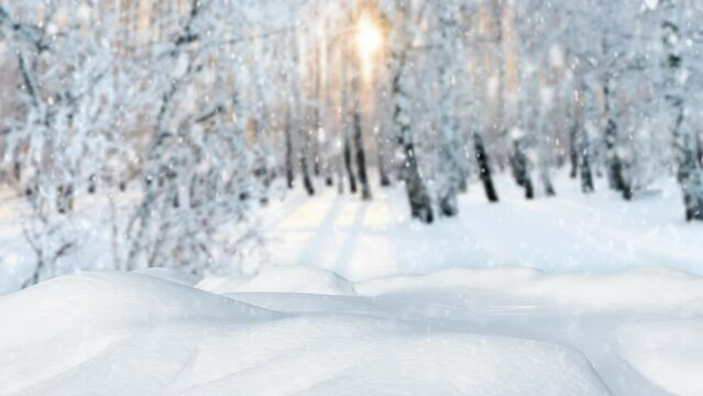 Falling snow in a birch grove. Snowfall animation. Frosty weather. Snowy frosty background. Snowdrifts.