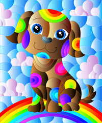Fototapeta premium Illustration in stained glass style with abstract cute ,brown dog on a cloudy sky background with rainbow