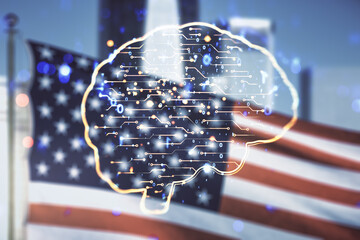 Double exposure of creative human brain microcircuit hologram on US flag and city background....