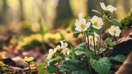  a group of white flowers sitting on top of a lush green forest filled with lots of green leafy plants.