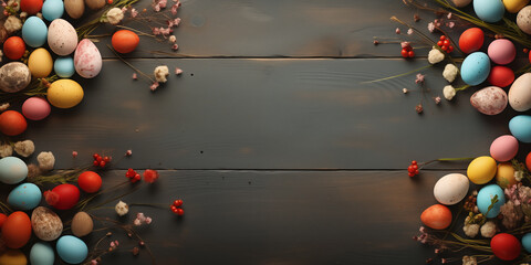 Obraz premium Easter rustic banner with eggs, flowers and twigs lying on dark wooden table with place for text.
