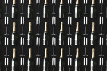 Champagne bottle and glass flat lay repeating background