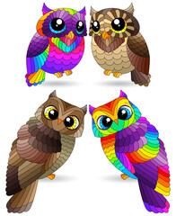 Set of stained glass elements with owls, bright birds isolated on white background