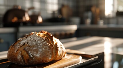  a loaf of bread sitting on top of a wooden cutting board on top of a counter next to a knife.