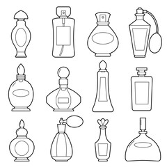 Set bottles of perfume on a white background. Black-and-white outline Illustration, design elements.