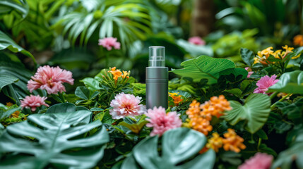 Minimalist women's cosmetics packaging Product In the lush summer garden, the delicate pink floral beauty of the tropical flower stood out among the vibrant green leaves, serene spa ambiance with its