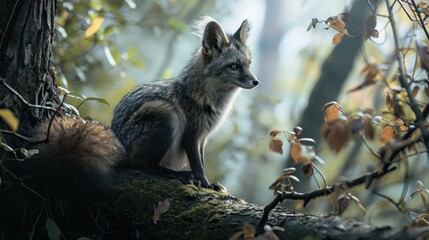  a fox sitting on top of a tree branch in the middle of a forest with lots of leaves on it.