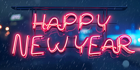 Happy New Year, realistic large neon sign, bokeh, reflections, constructed with vintage steel supports that says "HAPPY NEW YEAR" isolated, Generative Ai