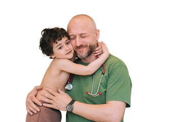 Warm embrace between a caring male doctor and a young boy against transparent background