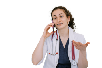 Positive female doctor talks by phone explaining to patient treatment importance against transparent background. nurse smiling, happy to tell great news about positive dynamic of treatment