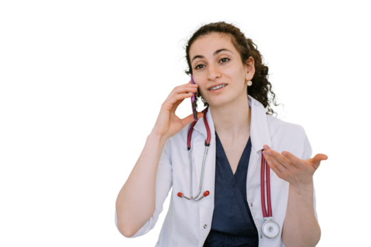 Positive female doctor talks by phone explaining to patient treatment importance against transparent background. nurse smiling, happy to tell great news about positive dynamic of treatment